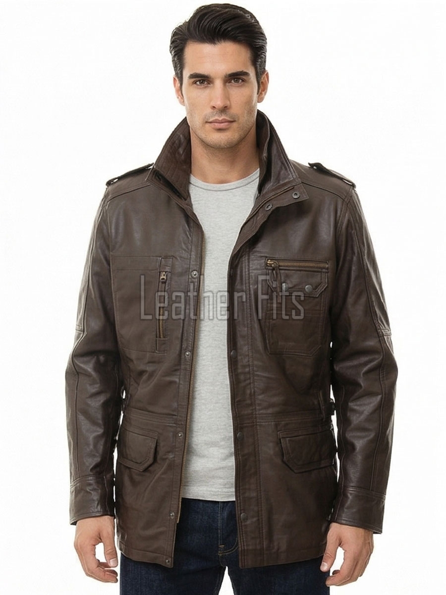 Men Dark Brown Leather Long Coat | Premium Lambskin Tailored Field Overcoat | Luxury Dual Closure Smart Business Formal Winter Trench Jacket