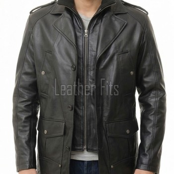 Men Black Leather Long Coat | Premium Lambskin Tailored Military Overcoat | Luxury Double Layer Smart Business Formal Winter Trench Jacket