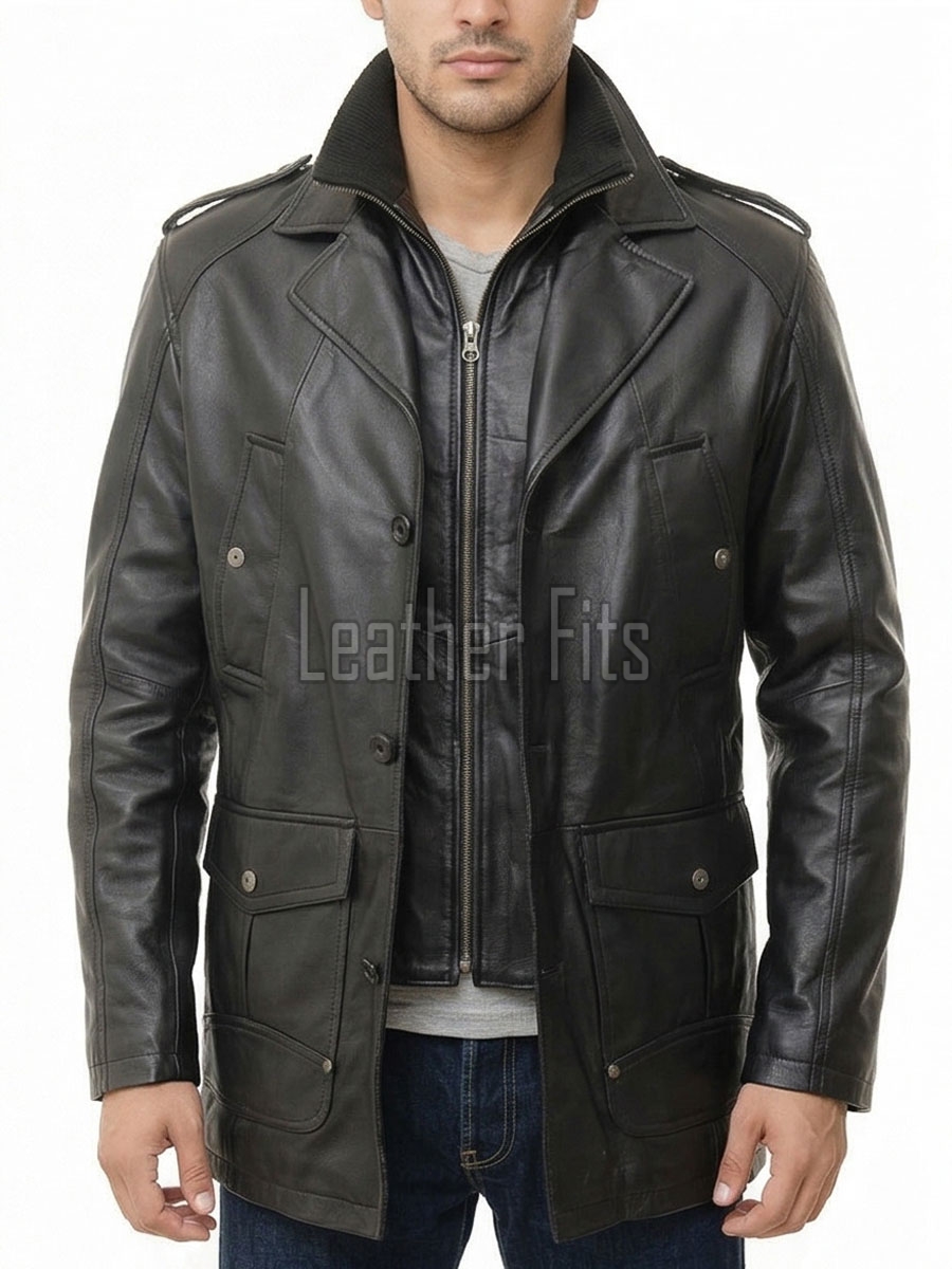 Men Black Leather Long Coat | Premium Lambskin Tailored Military Overcoat | Luxury Double Layer Smart Business Formal Winter Trench Jacket