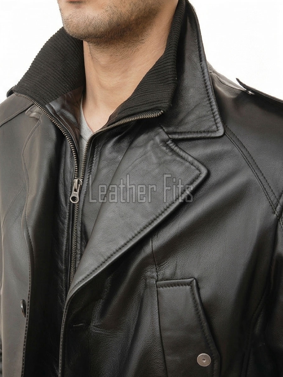Men Black Leather Long Coat | Premium Lambskin Tailored Military Overcoat | Luxury Double Layer Smart Business Formal Winter Trench Jacket