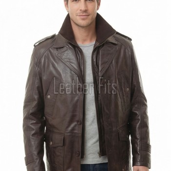 Men Coffee Brown Leather Long Coat | Luxury Lambskin Military Field Duster | Elite Smart Corporate Winter Evening Outerwear Trench Jacket