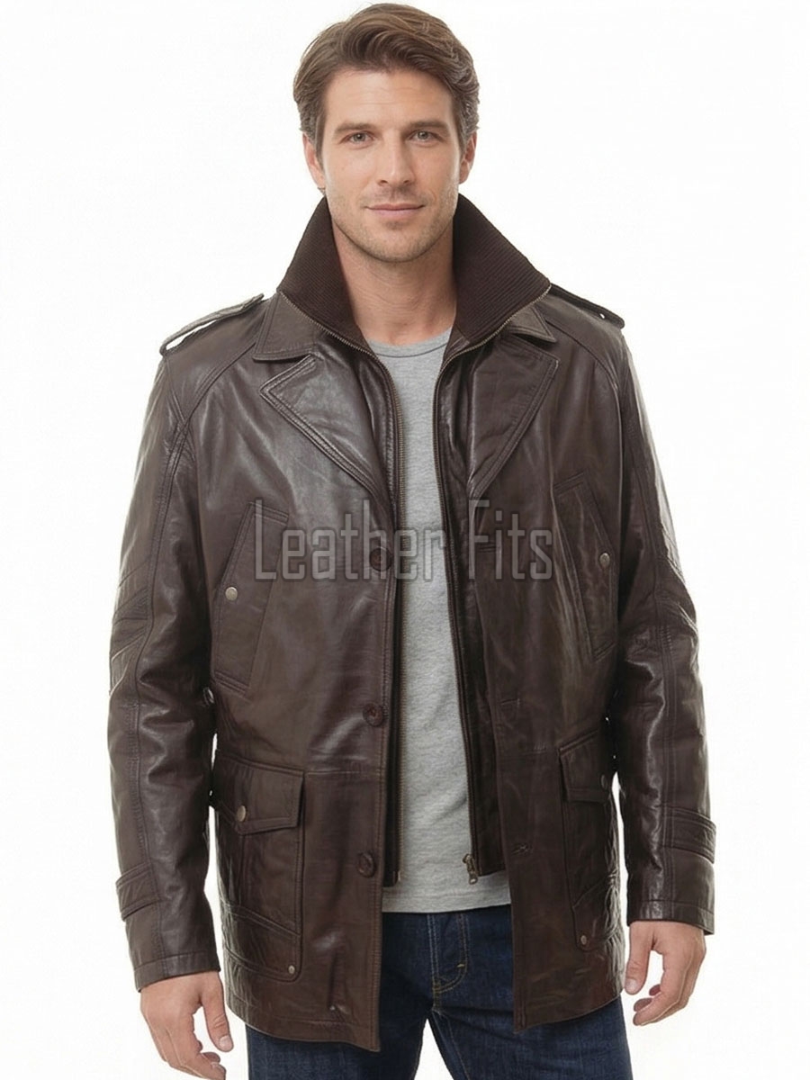 Men Coffee Brown Leather Long Coat | Luxury Lambskin Military Field Duster | Elite Smart Corporate Winter Evening Outerwear Trench Jacket