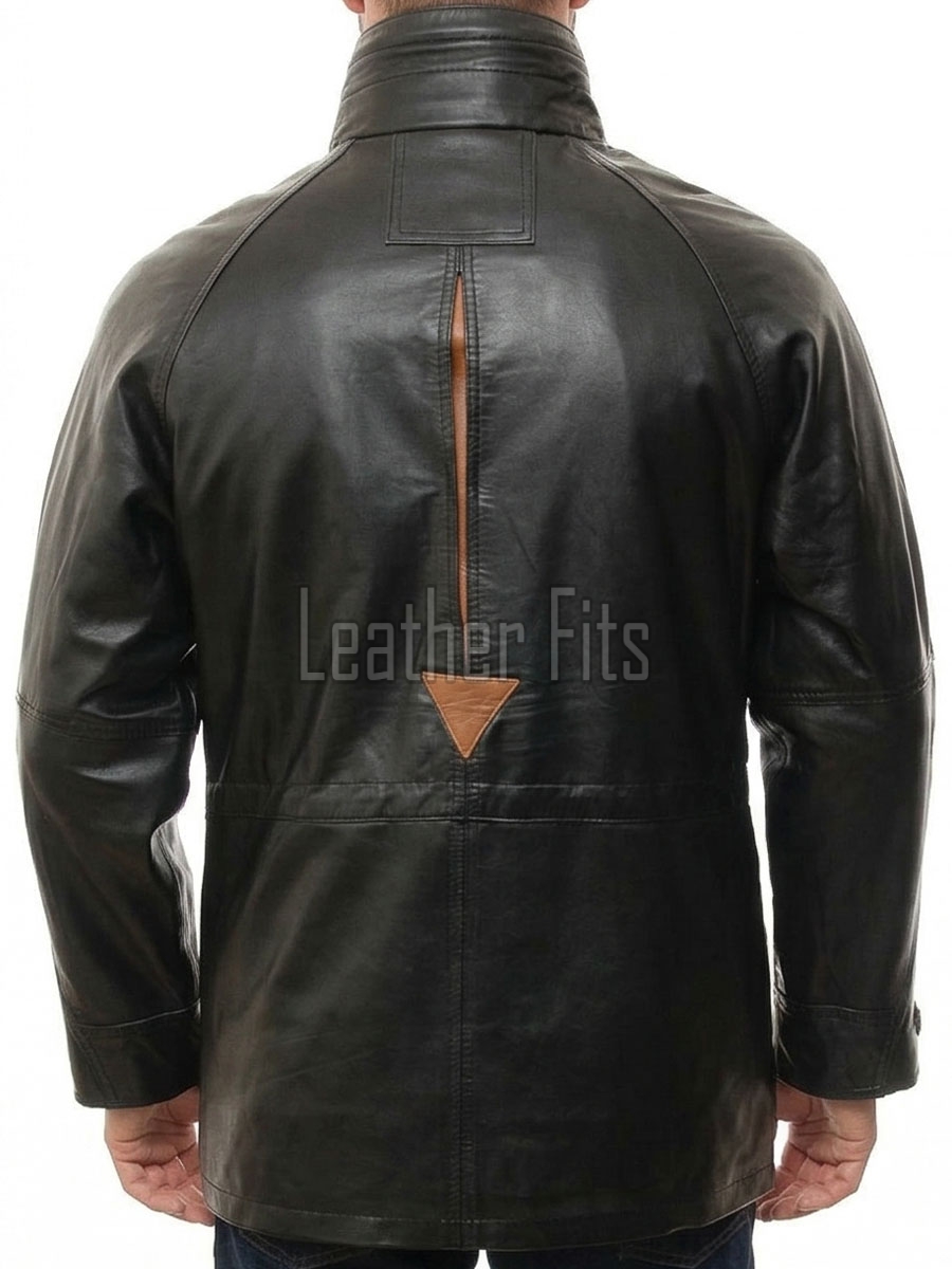 Men Black Leather Parka Long Coat | Premium Sheepskin Tan Accent Hooded Duster | Luxury Executive Urban Winter Storm Trench Jacket