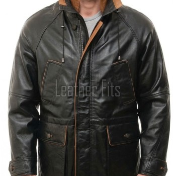 Men Black Leather Parka Long Coat | Premium Sheepskin Tan Accent Hooded Duster | Luxury Executive Urban Winter Storm Trench Jacket
