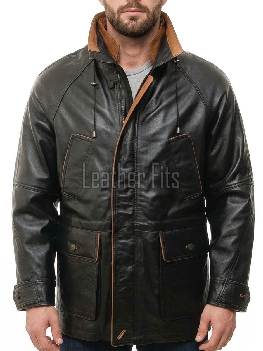 Men Black Leather Parka Long Coat | Premium Sheepskin Tan Accent Hooded Duster | Luxury Executive Urban Winter Storm Trench Jacket