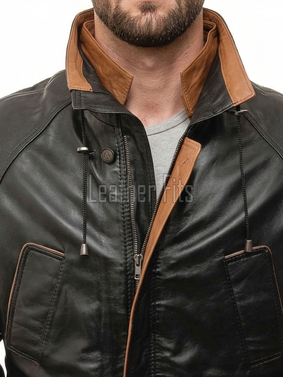 Men Black Leather Parka Long Coat | Premium Sheepskin Tan Accent Hooded Duster | Luxury Executive Urban Winter Storm Trench Jacket