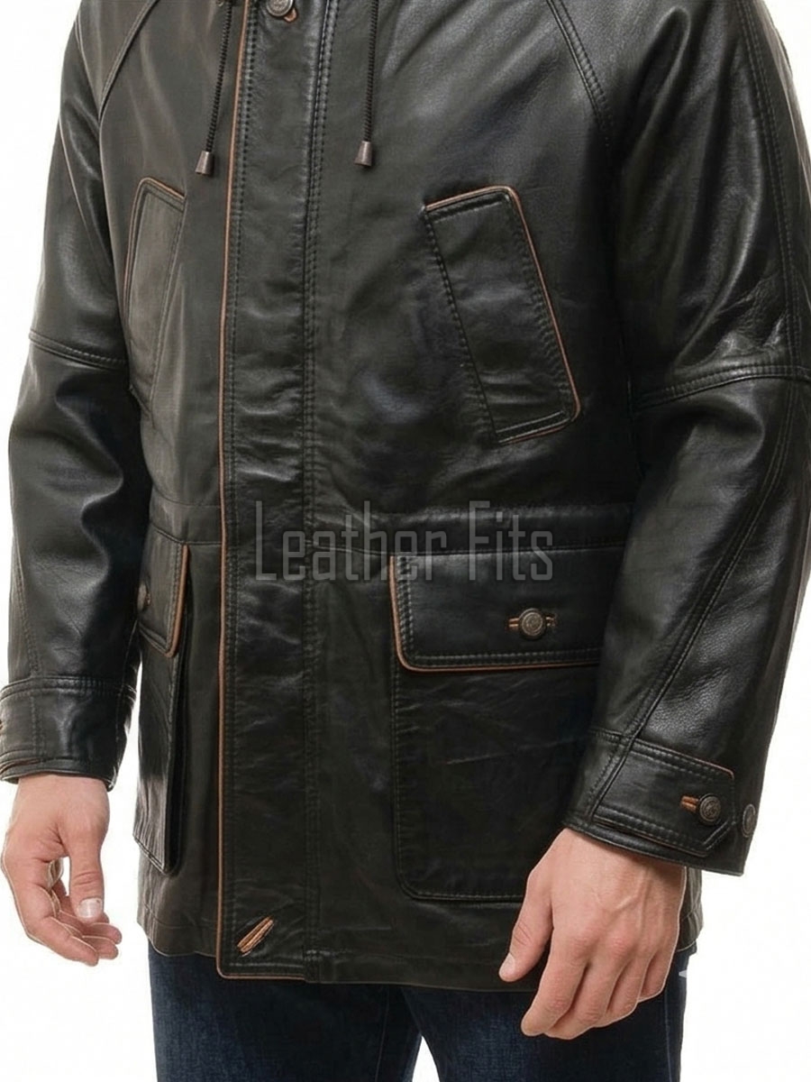 Men Black Leather Parka Long Coat | Premium Sheepskin Tan Accent Hooded Duster | Luxury Executive Urban Winter Storm Trench Jacket