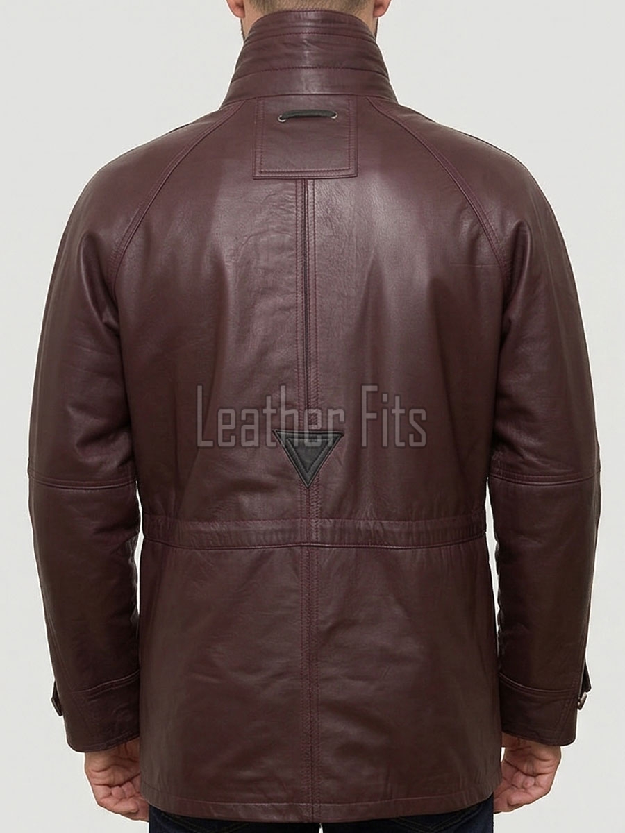 Men Burgundy Leather Long Coat | Luxury Sheepskin Hooded Field Parka | Elite Smart Business Formal Maroon Winter Trench Utility Jacket