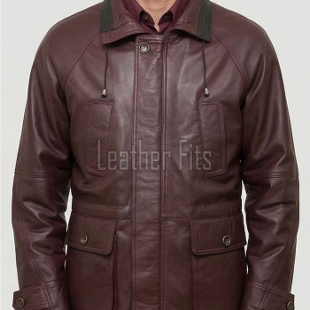 Men Burgundy Leather Long Coat | Luxury Sheepskin Hooded Field Parka | Elite Smart Business Formal Maroon Winter Trench Utility Jacket