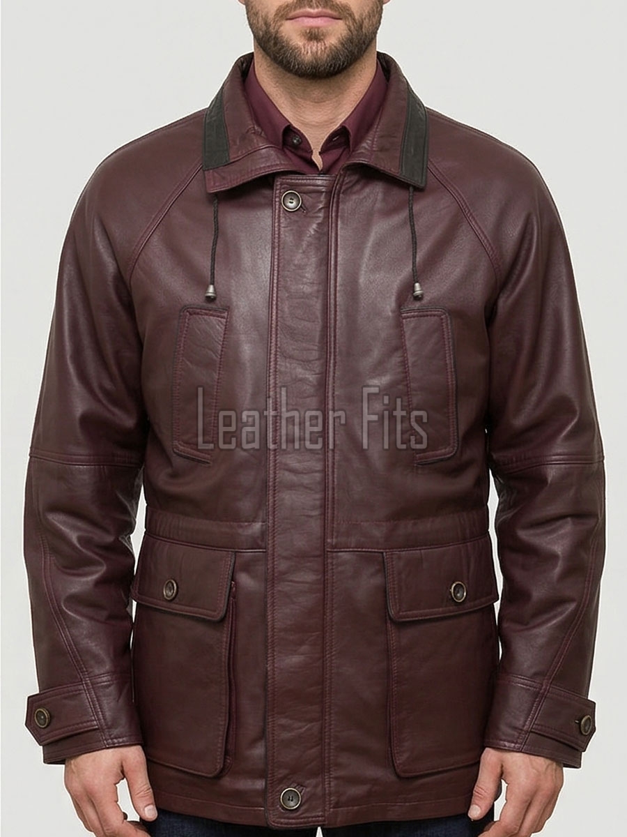 Men Burgundy Leather Long Coat | Luxury Sheepskin Hooded Field Parka | Elite Smart Business Formal Maroon Winter Trench Utility Jacket