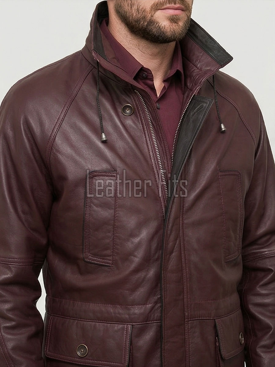 Men Burgundy Leather Long Coat | Luxury Sheepskin Hooded Field Parka | Elite Smart Business Formal Maroon Winter Trench Utility Jacket