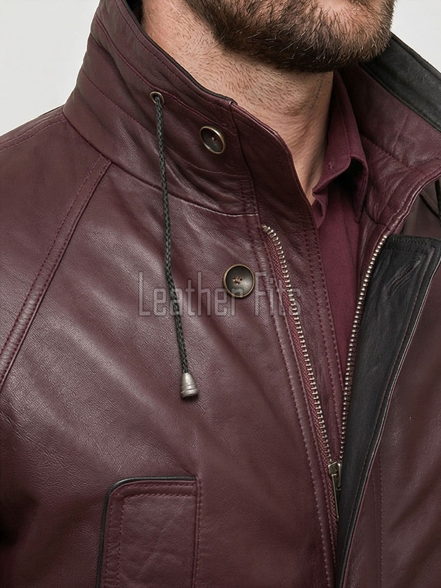 Men Burgundy Leather Long Coat | Luxury Sheepskin Hooded Field Parka | Elite Smart Business Formal Maroon Winter Trench Utility Jacket