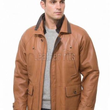 Men Tan Leather Long Coat | Premium Sheepskin Hooded Field Parka | Luxury Metropolitan Smart Business Formal Winter Trench Utility Jacket