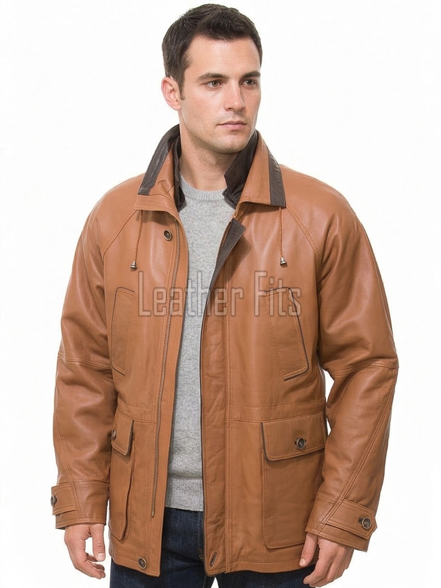 Men Tan Leather Long Coat | Premium Sheepskin Hooded Field Parka | Luxury Metropolitan Smart Business Formal Winter Trench Utility Jacket
