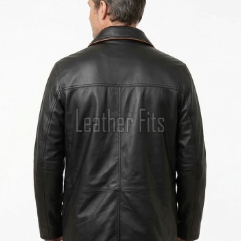 Men Black Leather Car Coat | Premium Lambskin Tan Piping Overcoat | Luxury Urban Smart Business Formal Winter Duster Trench Jacket