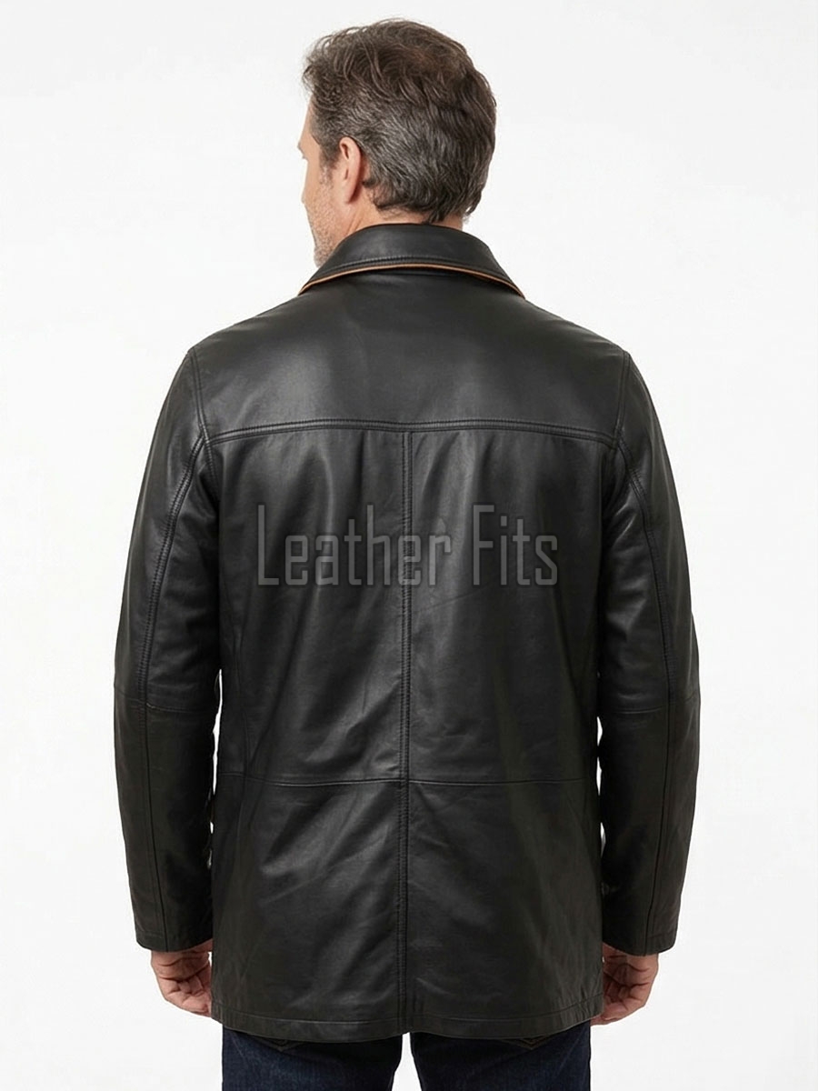 Men Black Leather Car Coat | Premium Lambskin Tan Piping Overcoat | Luxury Urban Smart Business Formal Winter Duster Trench Jacket