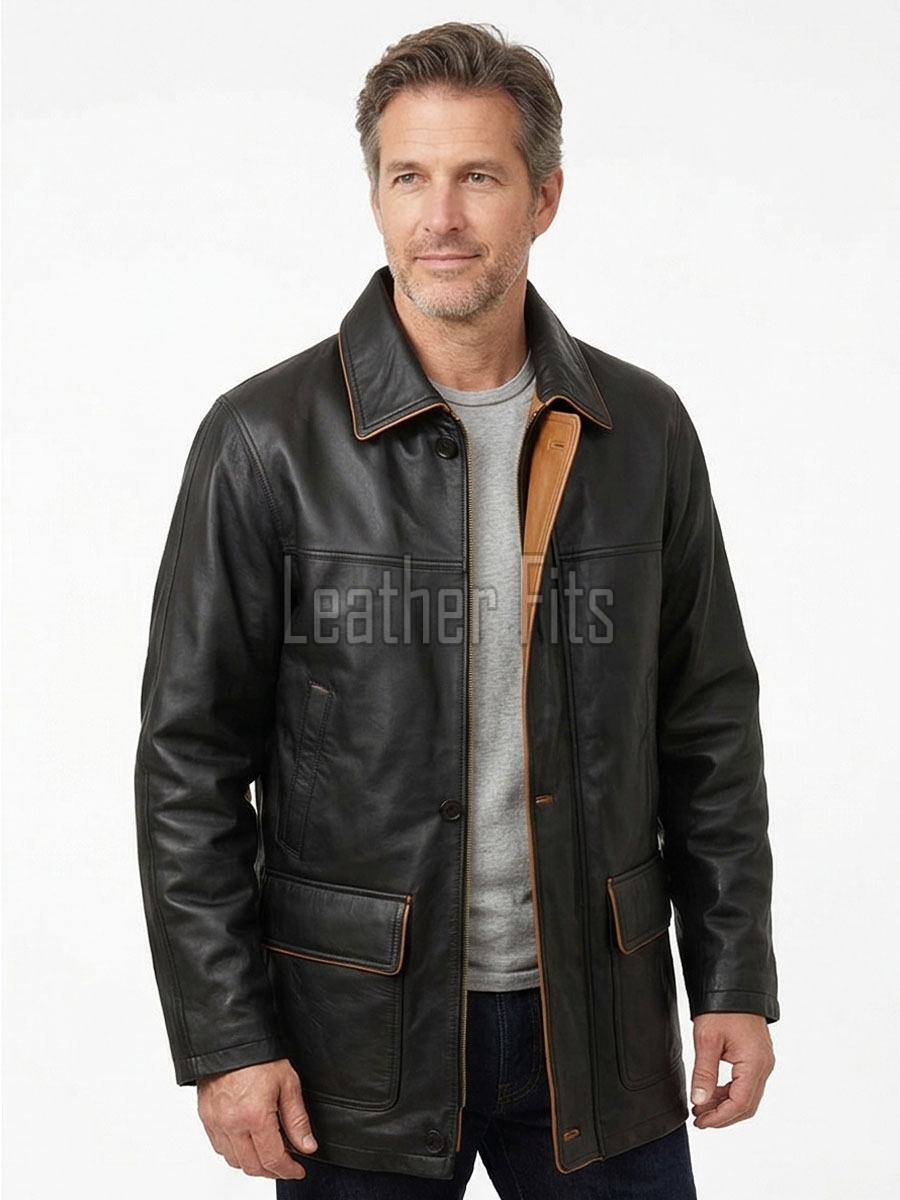 Men Black Leather Car Coat | Premium Lambskin Tan Piping Overcoat | Luxury Urban Smart Business Formal Winter Duster Trench Jacket