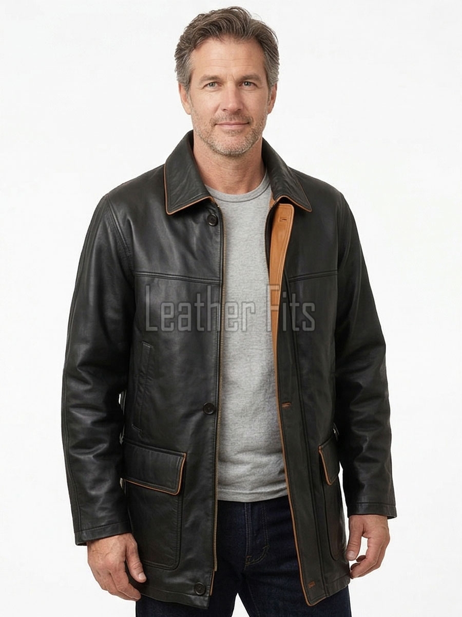 Men Black Leather Car Coat | Premium Lambskin Tan Piping Overcoat | Luxury Urban Smart Business Formal Winter Duster Trench Jacket