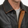 Men Black Leather Car Coat | Premium Lambskin Tan Piping Overcoat | Luxury Urban Smart Business Formal Winter Duster Trench Jacket