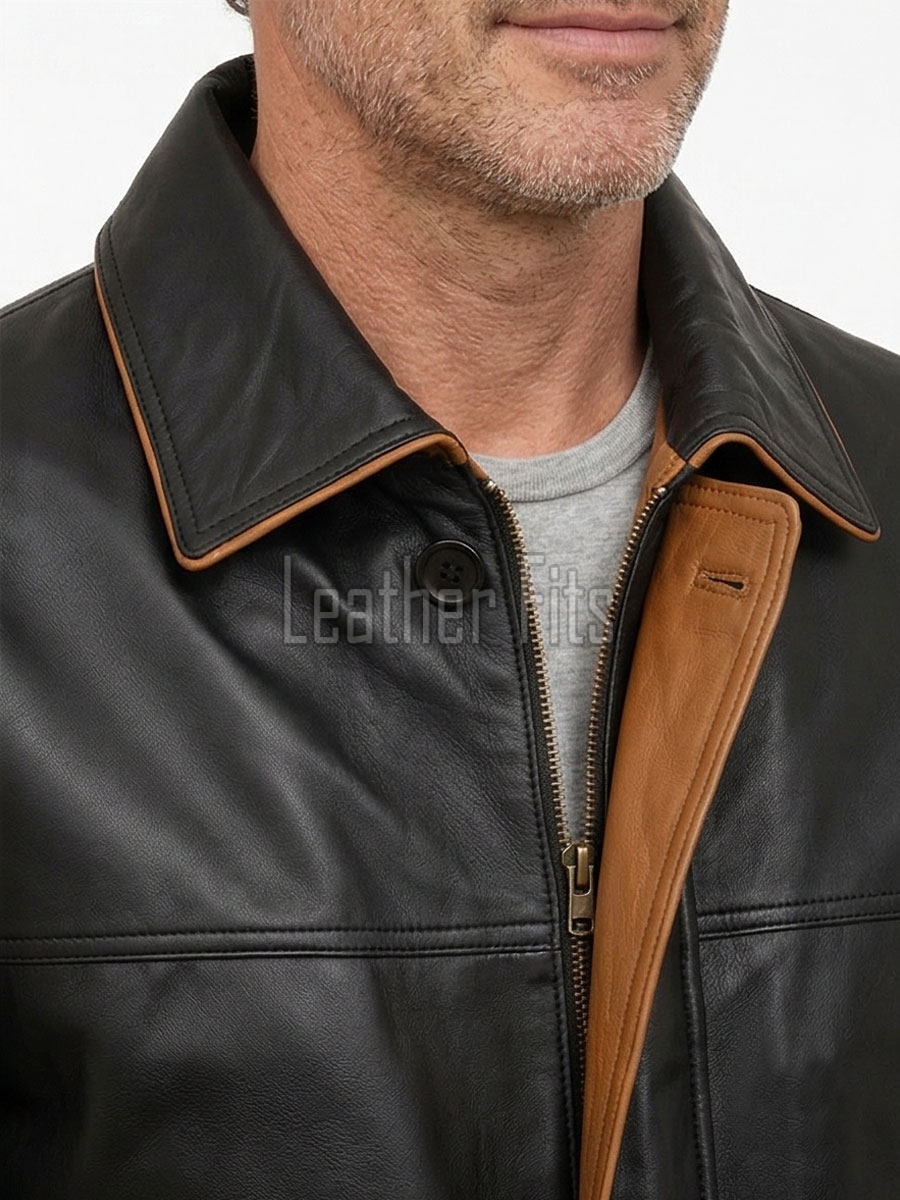 Men Black Leather Car Coat | Premium Lambskin Tan Piping Overcoat | Luxury Urban Smart Business Formal Winter Duster Trench Jacket
