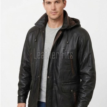 Men Charcoal Black Leather Parka Long Coat | Premium Lambskin Hooded Overcoat | Luxury Urban Smart Business Formal Winter Trench Jacket
