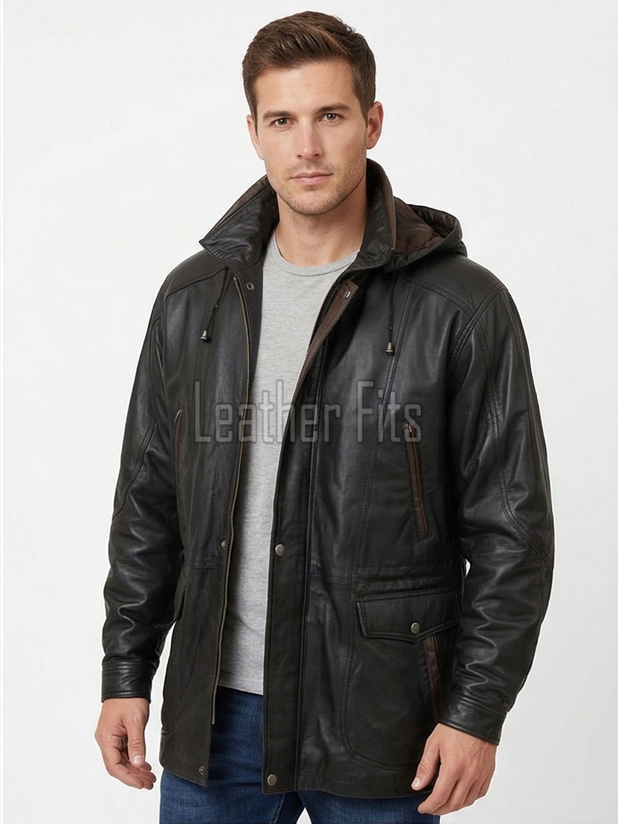 Men Charcoal Black Leather Parka Long Coat | Premium Lambskin Hooded Overcoat | Luxury Urban Smart Business Formal Winter Trench Jacket