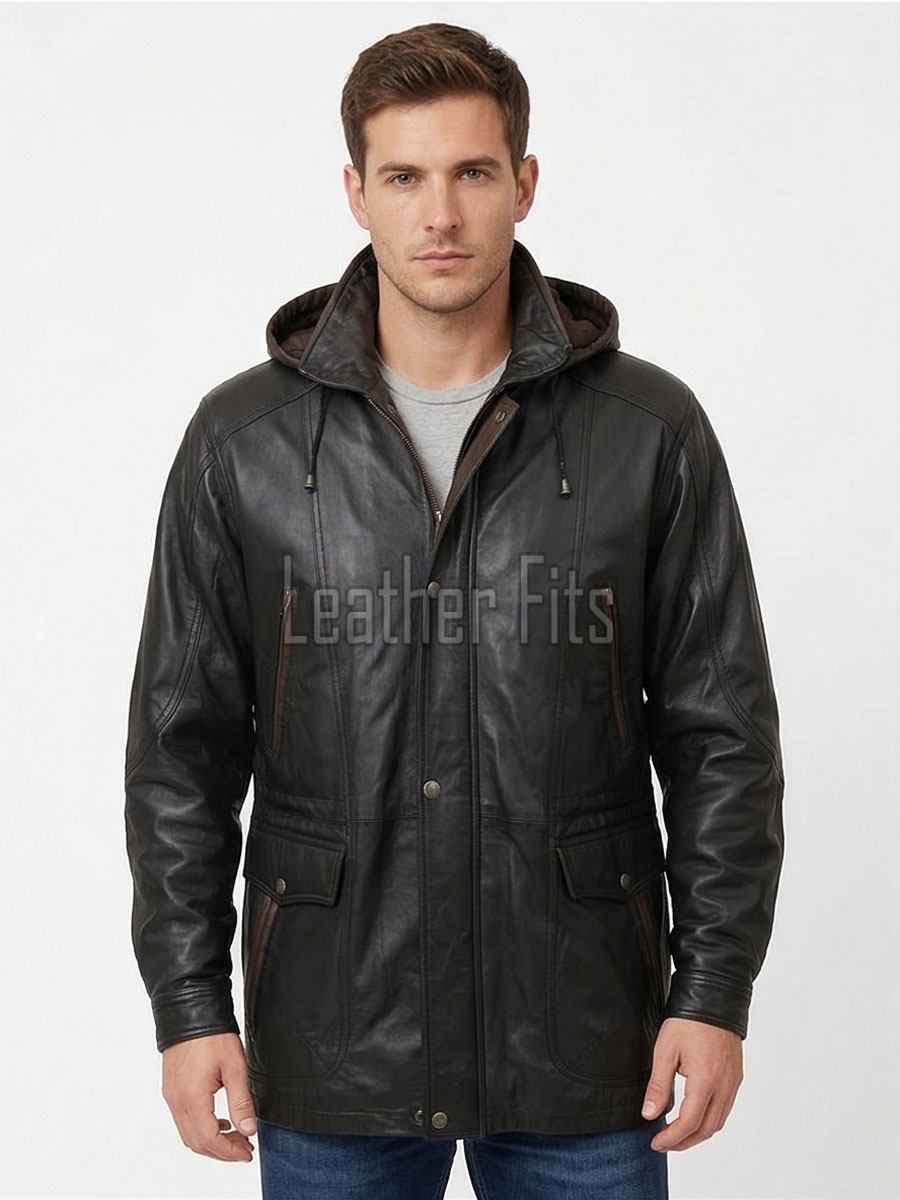 Men Charcoal Black Leather Parka Long Coat | Premium Lambskin Hooded Overcoat | Luxury Urban Smart Business Formal Winter Trench Jacket