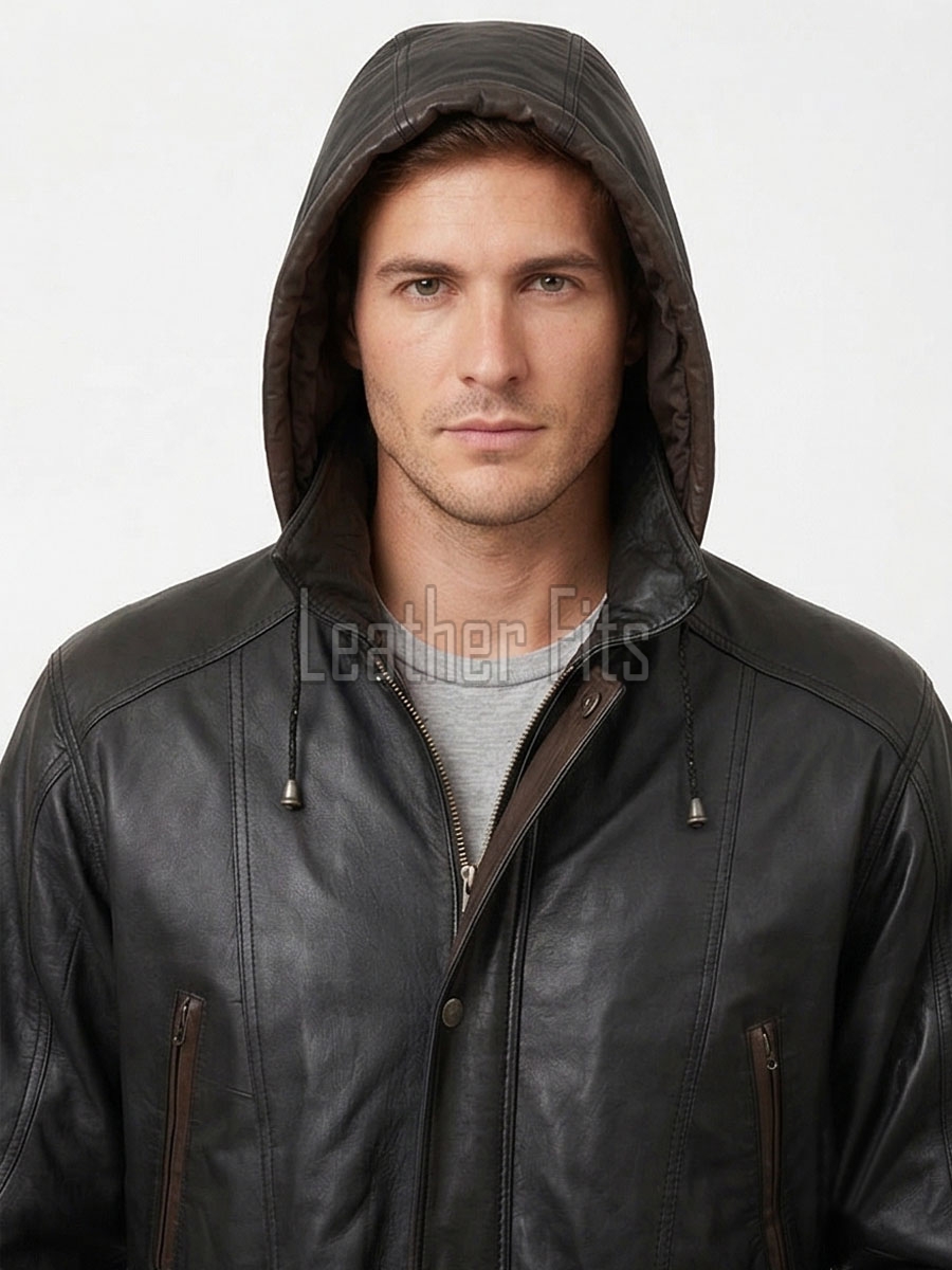 Men Charcoal Black Leather Parka Long Coat | Premium Lambskin Hooded Overcoat | Luxury Urban Smart Business Formal Winter Trench Jacket