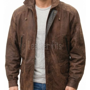 Men Distressed Brown Leather Parka Coat | Rugged Mahogany Sheepskin Field Duster | Luxury Executive Winter Weatherproof Utility Jacket