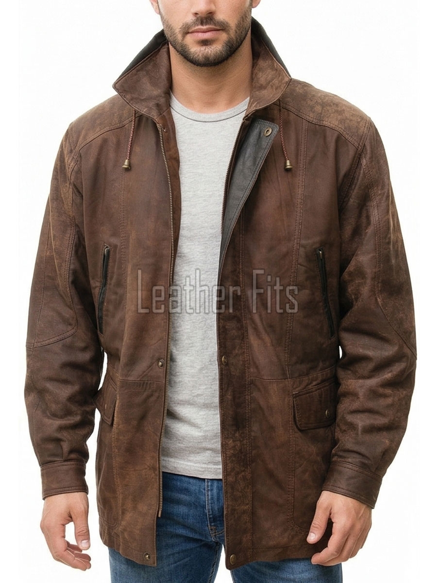 Men Distressed Brown Leather Parka Coat | Rugged Mahogany Sheepskin Field Duster | Luxury Executive Winter Weatherproof Utility Jacket