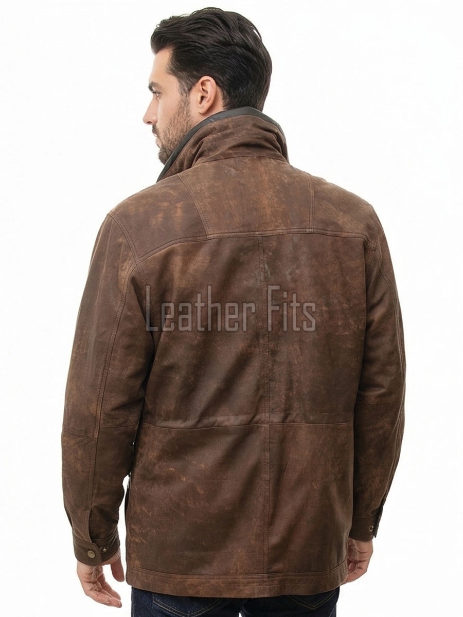 Men Distressed Brown Leather Parka Coat | Rugged Mahogany Sheepskin Field Duster | Luxury Executive Winter Weatherproof Utility Jacket