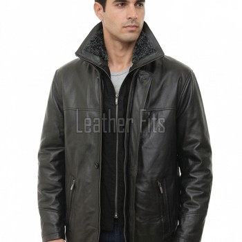 Men Black Leather Winter Coat | Premium Sheepskin Faux Fur Trimmed Duster | Luxury Business Formal Onyx Heavy Insulated Trench Jacket