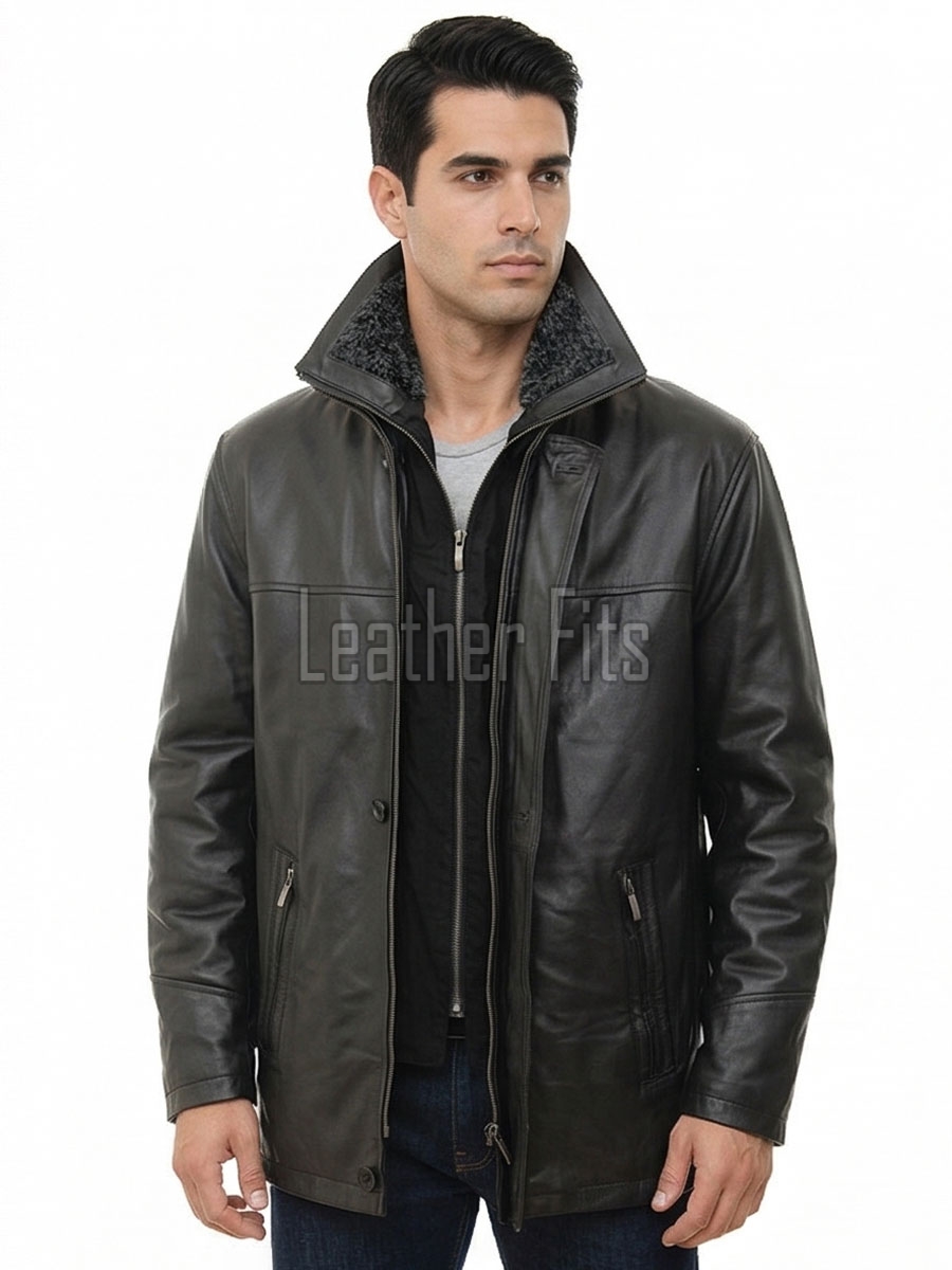 Men Black Leather Winter Coat | Premium Sheepskin Faux Fur Trimmed Duster | Luxury Business Formal Onyx Heavy Insulated Trench Jacket