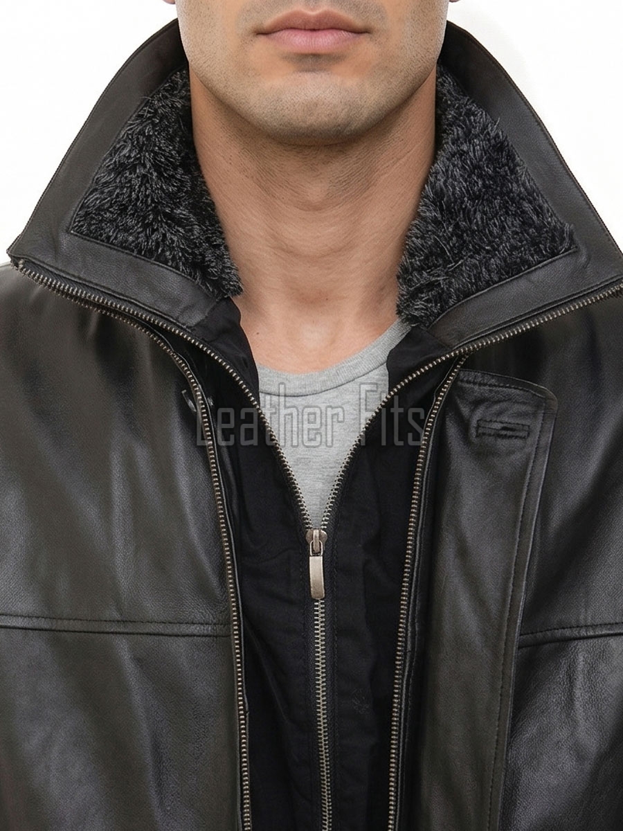 Men Black Leather Winter Coat | Premium Sheepskin Faux Fur Trimmed Duster | Luxury Business Formal Onyx Heavy Insulated Trench Jacket