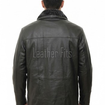 Men Black Leather Winter Coat | Premium Sheepskin Faux Fur Trimmed Duster | Luxury Business Formal Onyx Heavy Insulated Trench Jacket