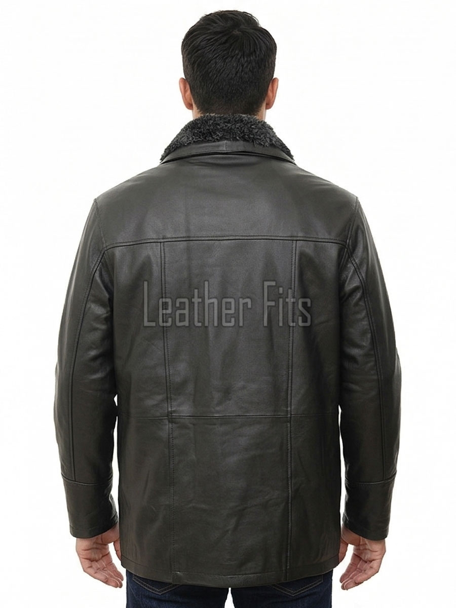 Men Black Leather Winter Coat | Premium Sheepskin Faux Fur Trimmed Duster | Luxury Business Formal Onyx Heavy Insulated Trench Jacket