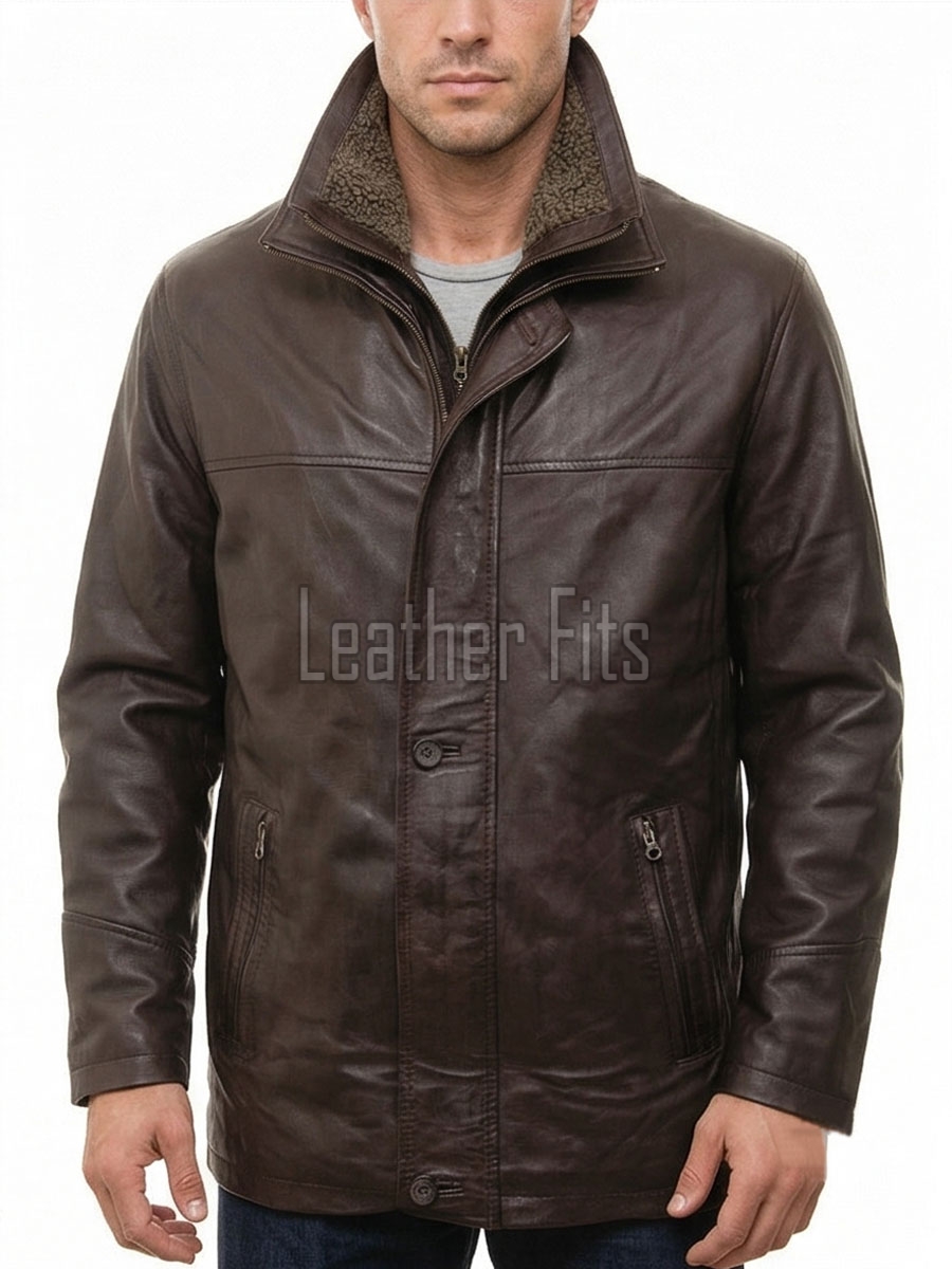 Men Dark Brown Leather Car Coat | Premium Espresso Sheepskin Sherpa Lined Duster | Luxury Business Formal Insulated Cold Weather Jacket