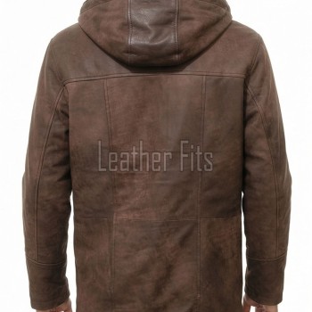 Men Brown Leather Hooded Parka | Premium Cocoa Sheepskin Fleece Lined Overcoat | Luxury Executive Winter Insulated Field Trench Coat