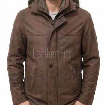 Men Brown Leather Hooded Parka | Premium Cocoa Sheepskin Fleece Lined Overcoat | Luxury Executive Winter Insulated Field Trench Coat