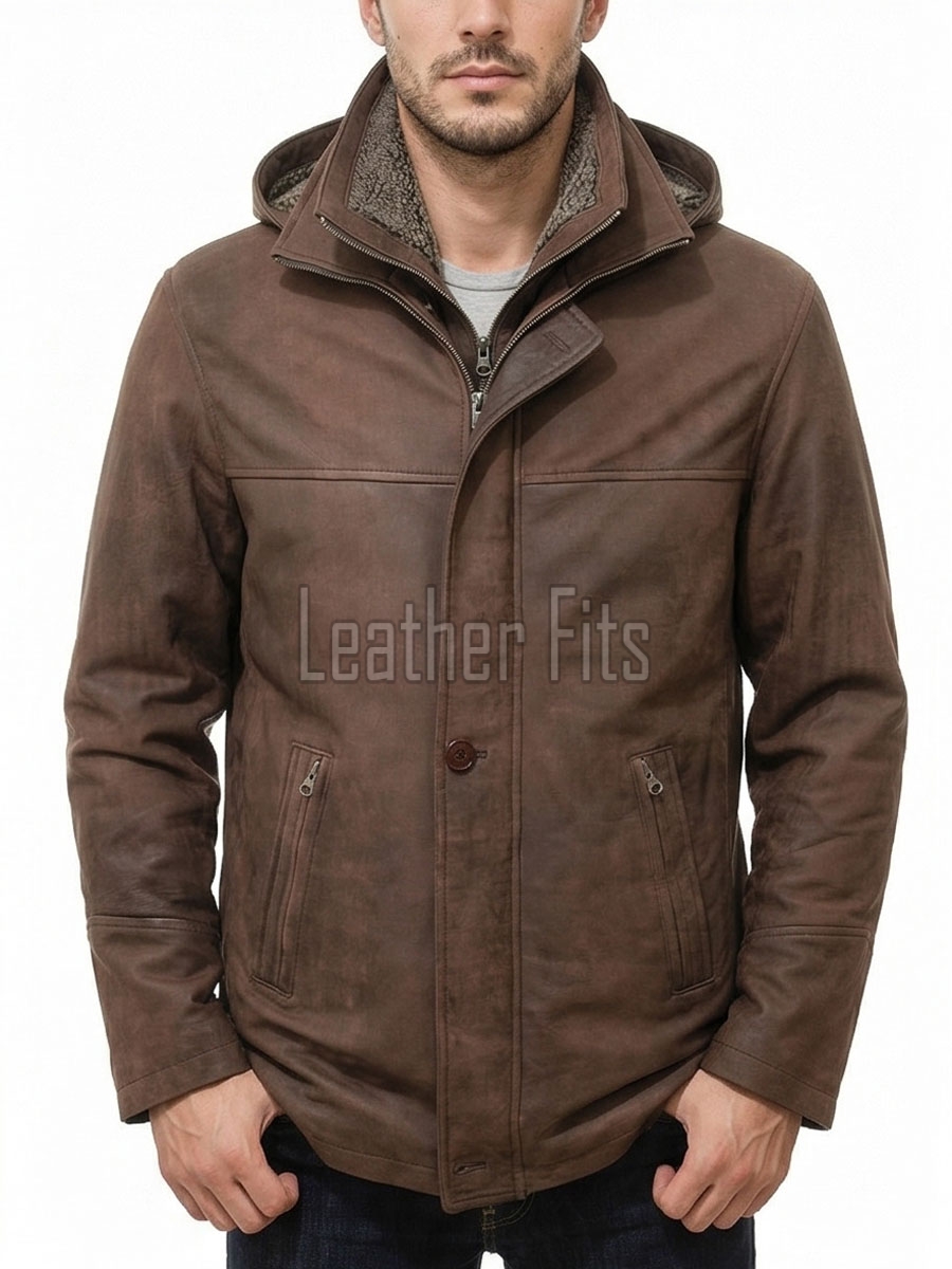 Men Brown Leather Hooded Parka | Premium Cocoa Sheepskin Fleece Lined Overcoat | Luxury Executive Winter Insulated Field Trench Coat