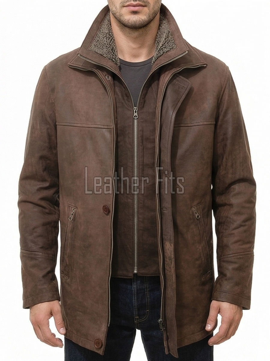 Men Brown Leather Hooded Parka | Premium Cocoa Sheepskin Fleece Lined Overcoat | Luxury Executive Winter Insulated Field Trench Coat