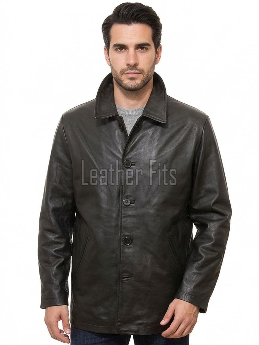 Men Black Leather City Coat | Premium Obsidian Lambskin Tailored Duster | Luxury Professional Winter Mid Length Executive Jacket