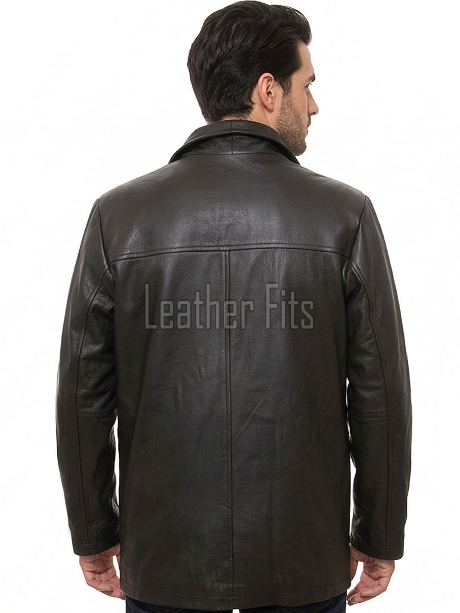 Men Black Leather City Coat | Premium Obsidian Lambskin Tailored Duster | Luxury Professional Winter Mid Length Executive Jacket