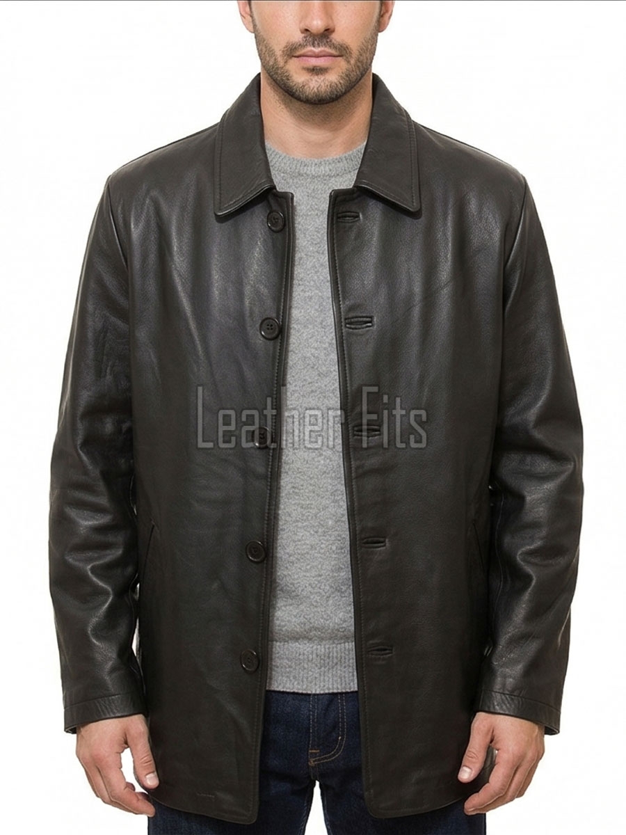 Men Black Leather City Coat | Premium Obsidian Lambskin Tailored Duster | Luxury Professional Winter Mid Length Executive Jacket