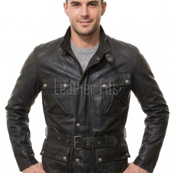 Men Black Leather Field Coat | Premium Onyx Lambskin Belted Safari Duster | Luxury Professional Winter Utility Executive Overcoat