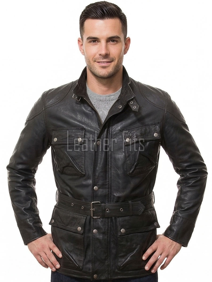 Men Black Leather Field Coat | Premium Onyx Lambskin Belted Safari Duster | Luxury Professional Winter Utility Executive Overcoat