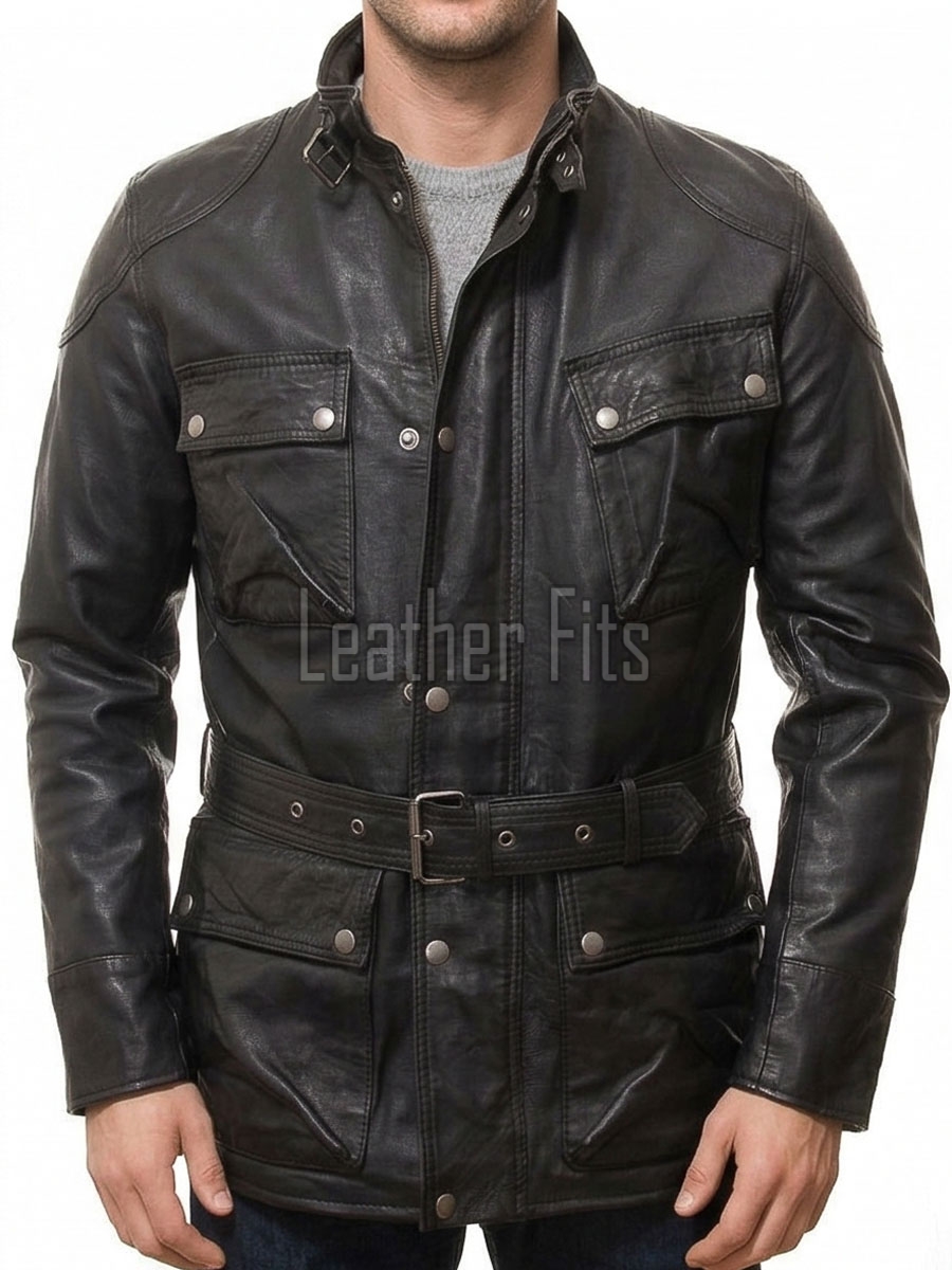 Men Black Leather Field Coat | Premium Onyx Lambskin Belted Safari Duster | Luxury Professional Winter Utility Executive Overcoat