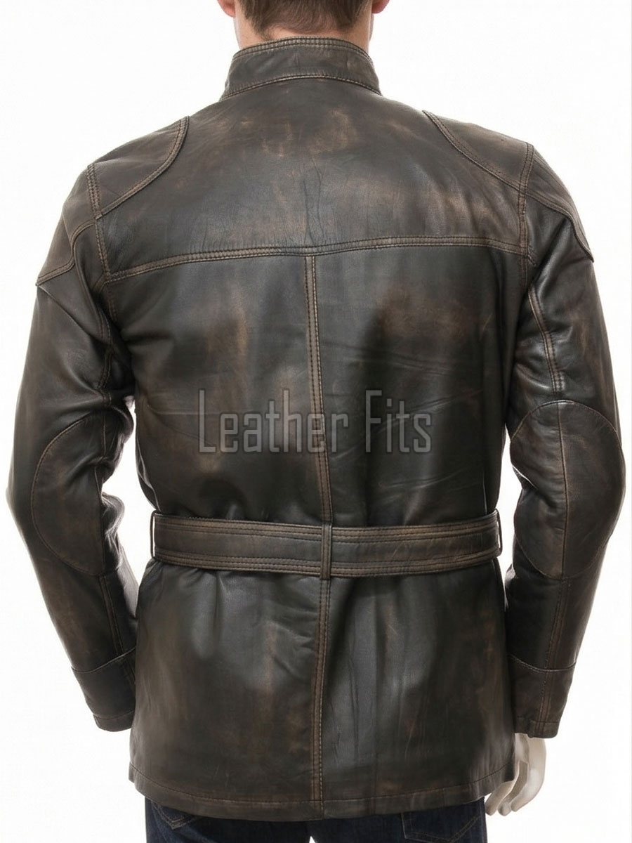 Men Distressed Brown Leather Field Coat | Premium Espresso Lambskin Belted Safari Duster | Luxury Vintage Winter Heavy Utility Overcoat