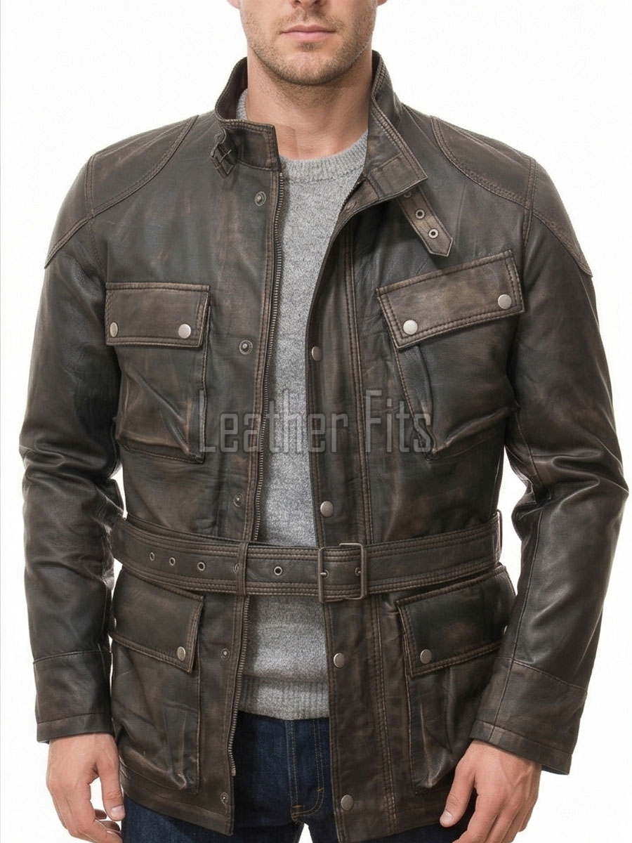 Men Distressed Brown Leather Field Coat | Premium Espresso Lambskin Belted Safari Duster | Luxury Vintage Winter Heavy Utility Overcoat
