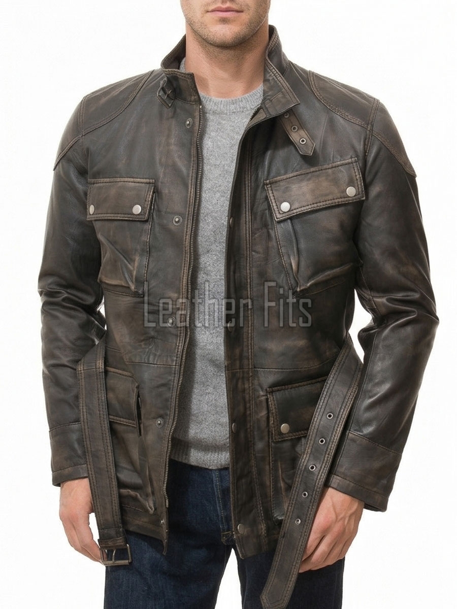 Men Distressed Brown Leather Field Coat | Premium Espresso Lambskin Belted Safari Duster | Luxury Vintage Winter Heavy Utility Overcoat